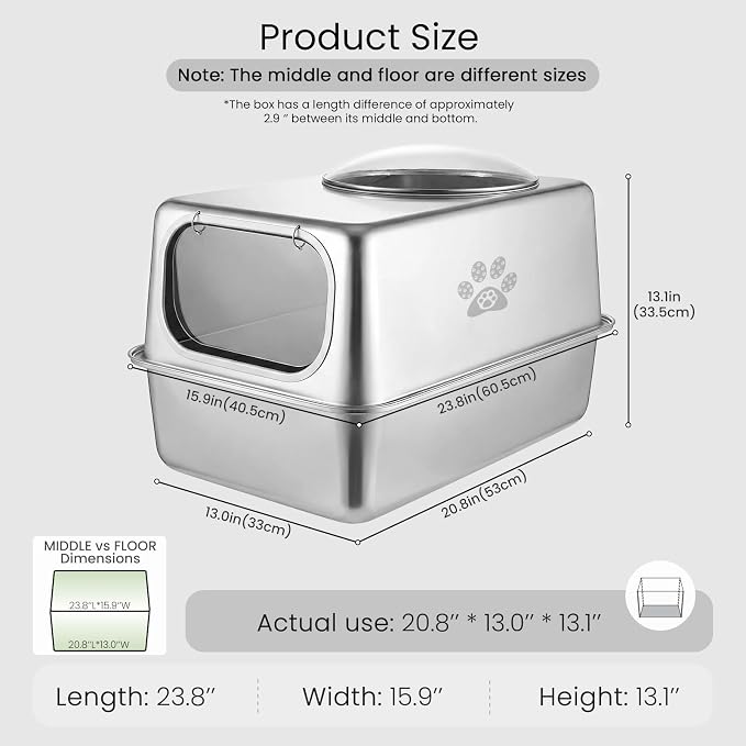 Ptlom Enclosed Stainless Steel Cat Litter Box with Lid, Extra Large Metal Litter Box, Leak-Proof High Sided Covered Litter Box for Kitties & Multi Cats, Non-Stick, Includes Litter Mat & Scoop
