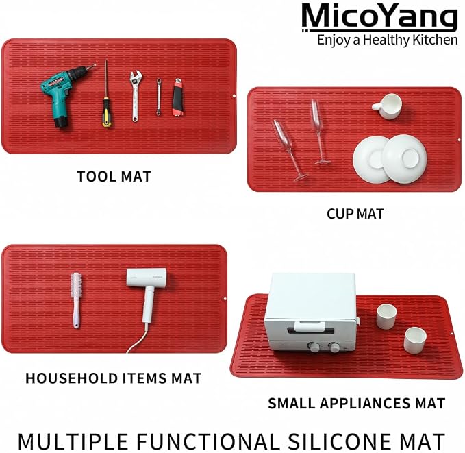 MicoYang Silicone Dish Drying Mat for Multiple Usage,Easy clean,Eco-friendly,Heat-resistant Silicone Mat for Kitchen Counter or Sink,Refrigerator or Drawer Liner Red 5XL 36inches x 18inches