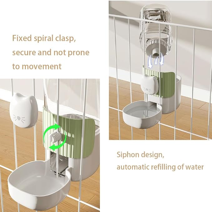 Hanging Automatic Cat Feeder and Water Dispenser Set, Gravity Pet Food & Water Bowl for Wire Cage, No-Spill Pet Feeding Station for Small Dogs Rabbits (Green)