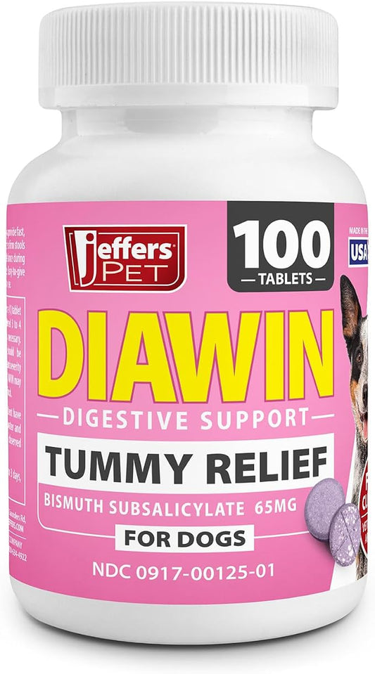 Jeffers Pet Diawin Dog Digestive Support Tablets, Veterinary Formulated, Bismuth Tummy Relief for Diarrhea for Dogs, Stool Firming, Gut Health, Made in USA - 100 Tablets