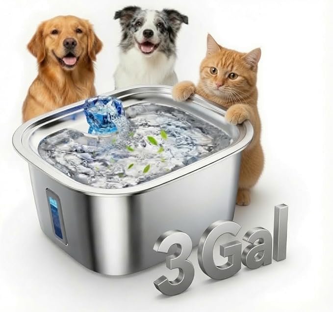 PETNF 3-Gallon Stainless Steel Dog Water Fountain for Large Dogs, Dog Water Bowl Dispenser with 2 Filters, Visible Water Window, Quiet Pump & LED Low-Water Indicator