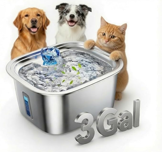 PETNF 3-Gallon Stainless Steel Dog Water Fountain for Large Dogs, Dog Water Bowl Dispenser with 2 Filters, Visible Water Window, Quiet Pump & LED Low-Water Indicator