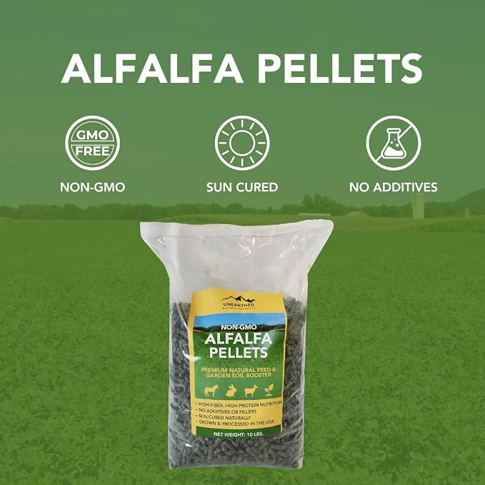 Unearthed Non‑GMO Alfalfa Pellets – 100% Pure Sun‑Cured Alfalfa, No Additives or Fillers | Premium Feed for Rabbits, Horses, Goats, Chickens & More | Natural Garden Soil Booster