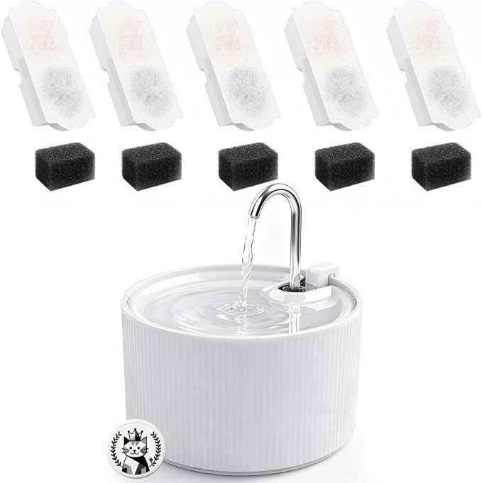 Ceramic Cat Water Fountain, 2.2L/74oz Cat Fountains for Drinking Indoor, Pet Water Fountain with Ultra-Quiet Pump (Fountain+5 Filters & 5 Sponges)