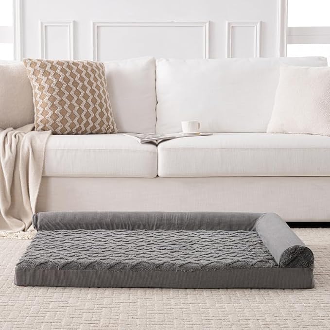 Dog Bed, L-Shaped Plush Sofa with Bolster, Memory Foam Pet Bed, Machine Washable Cover, for All Dog and cat Breeds (Dark Gray, 42" x 30" x 6.5")