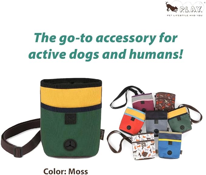 P.L.A.Y. Scout & About Deluxe Training Treat Pouch with Poop Bag Dispenser - 3 Way Wear, Detachable & Adjustable Strap, Reflective Strips, Water-Resistant Back Zipper Pocket, Squeaker (Moss)