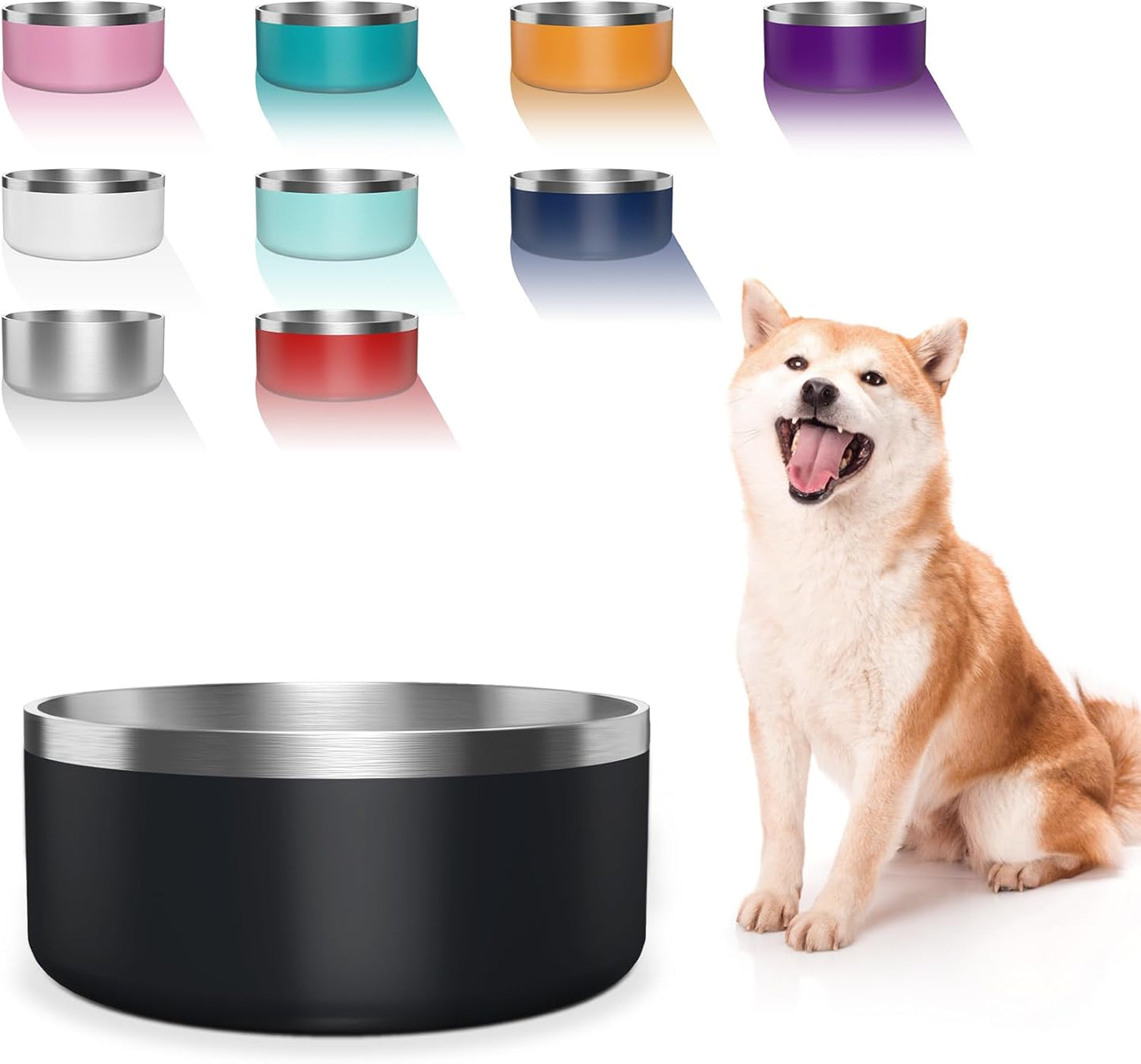 Dog Bowl, Stainless Steel Dog Food and Water Bowl with Non Slip Quiet Bottom, Easy to Clean, Dishwasher Safe, 64oz, Black