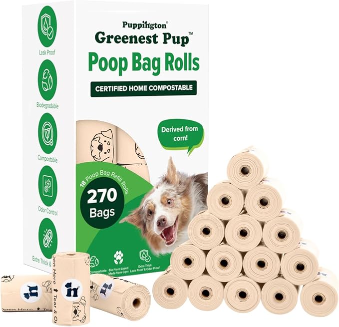 Puppington Certified Home Compostable Poop Bags - ASTM D6400 Compliant - 270 Extra Thick Bags - Plant Based - Pairs with Puppington 3-in-1 Bag & Fits all Standard Poop Bag Dispensers (Vanilla Cream)