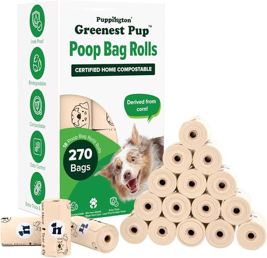 Puppington Certified Home Compostable Poop Bags - ASTM D6400 Compliant - 270 Extra Thick Bags - Plant Based - Pairs with Puppington 3-in-1 Bag & Fits all Standard Poop Bag Dispensers (Vanilla Cream)