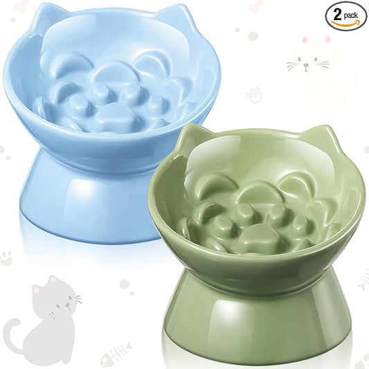 Funnymoom 2 Pcs Ceramic Raised Slow Feeder Cat Bowl, 5.91inch Elevated Cat Slow Feeder Bowl Tilted Anti Vomiting for Dry Wet Food and Water Easy to Clean High Edge(Green, Blue)