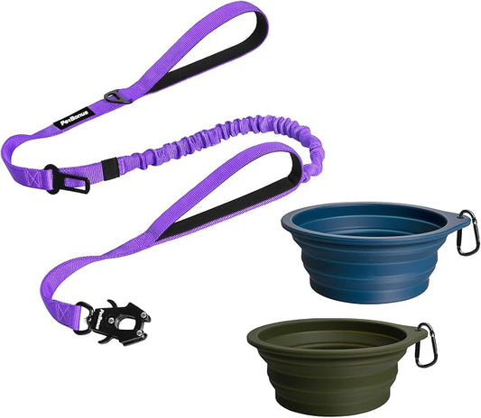 PetBonus Heavy Duty Tactical Dog Leash and 2-Pack Large Silicone Collapsible Dog Bowls
