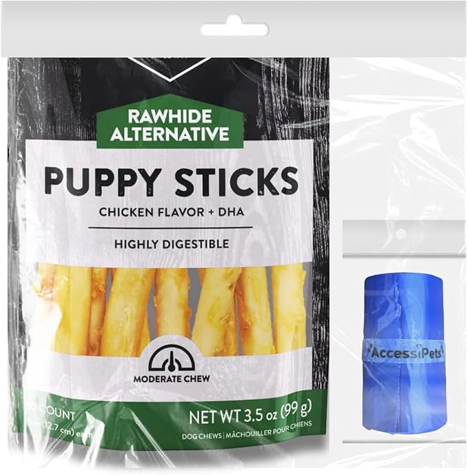 Rawhide Alternative 5 inch Puppy Sticks with 1 Waste Roll (Chicken, 3.5 oz)