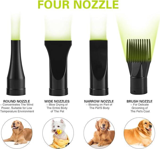 Johui Handheld Pet High Speed Hair Dryer for Dogs,Pet Grooming Dryer with Adjustable Speed and Temperature Control Dog Blow Dryer,Pet Hair Dryer with 4 Nozzle