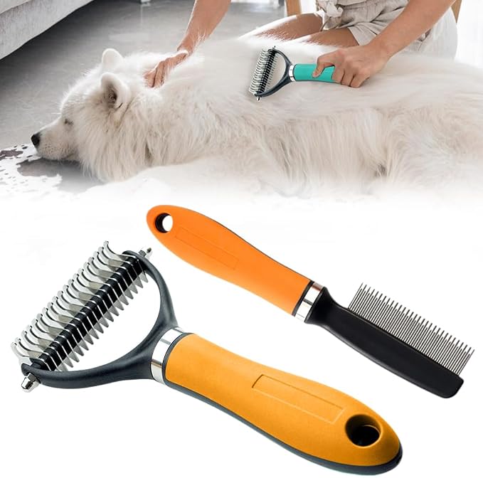Double Sided Dematting Comb, 2026Undercoat Rake Deshedding Grooming Tool, Pet Hair Detangler Brush for Removing Tangles Knots and Loose Fur, Grooming Comb for Long Thick Coats (1, Orange Set)