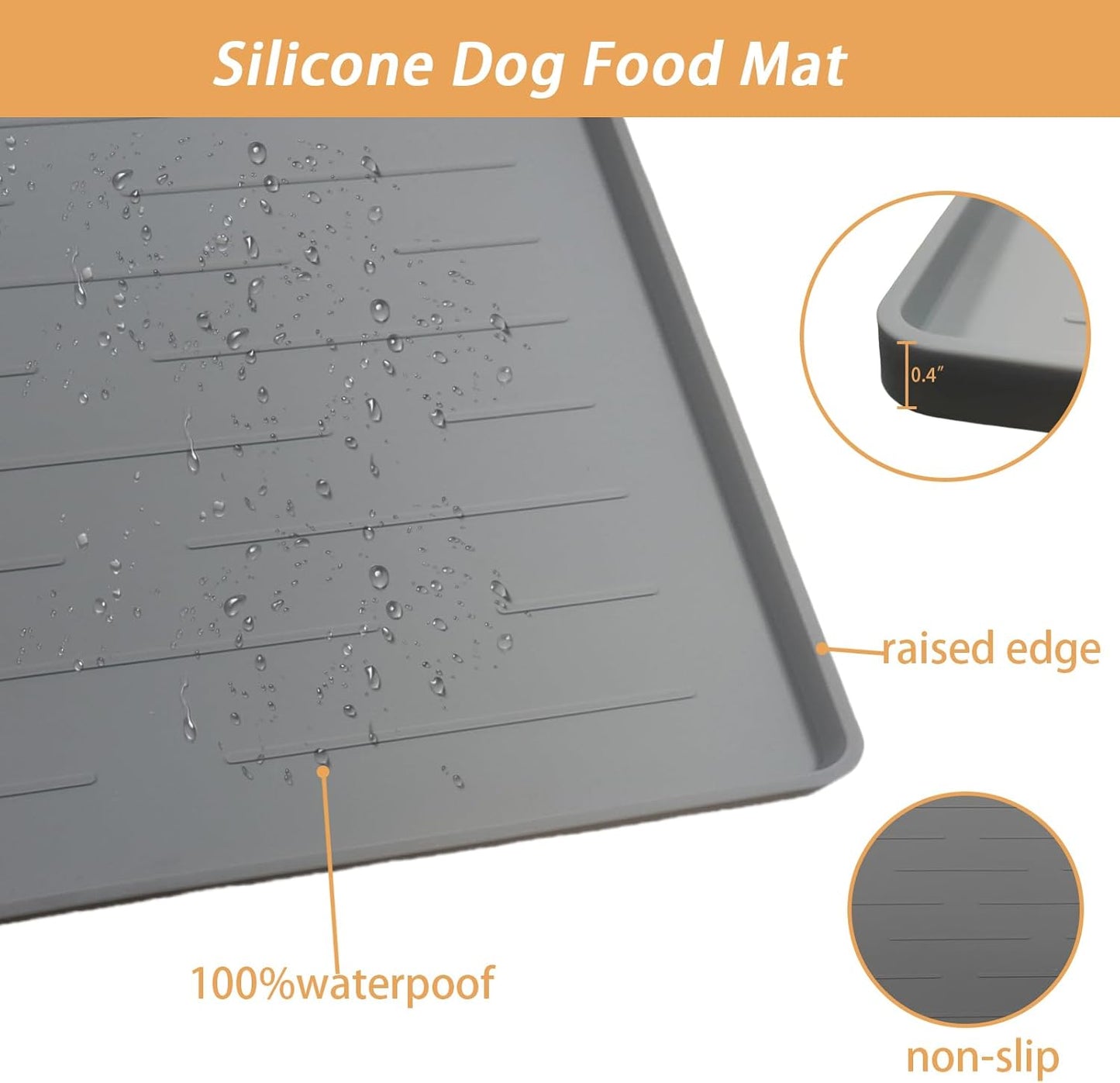 24" x 16" Dog Food Mat, Silicone Pet Mats for Food and Water, Nonslip Pet Feeding Mats for Floors, Dog Cat Bowl Mat with Raised Edges, Light Gray