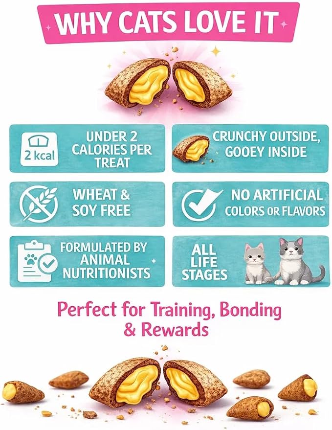 Calming Cat Treats for Indoor Cats – Crunchy Pillow Bites Gooey Center – Seafood Low Calorie Kitty Treats – Cat Snacks Food Topper Training Reward Wheat Soy Free Healthy Dental – 6oz Resealable
