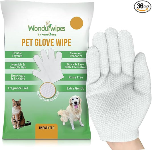 36pc. Premium Pet Glove Cleaning Wipes for Dogs & Cats | Textured, Deodorizing & Hypoallergenic Gloves with Aloe Vera & Shea Butter – Gentle, Skin-Safe Wipes for Fur, Face & Body, Odor Control