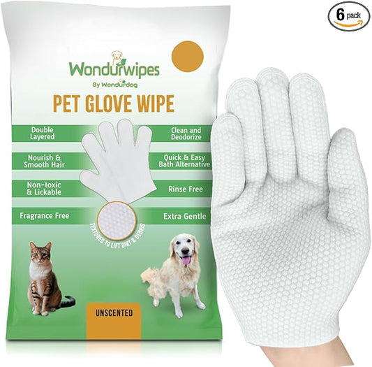 6pc. Premium Pet Glove Cleaning Wipes for Dogs & Cats | Textured, Deodorizing & Hypoallergenic Gloves with Aloe Vera & Shea Butter – Gentle, Skin-Safe Wipes for Fur, Face & Body, Odor Control