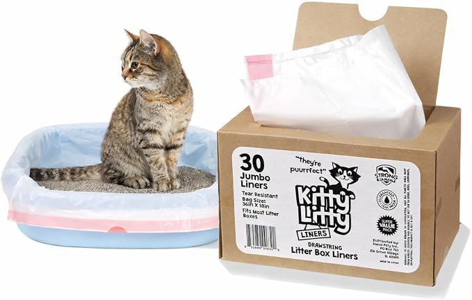 Cat Litter Box Liners 30 Count Drawstring Kitten Waste Bag | leak proof, heavy duty, scratch resistant, litter tray liner, kitty clean up, rabbit litter liner, extra large size