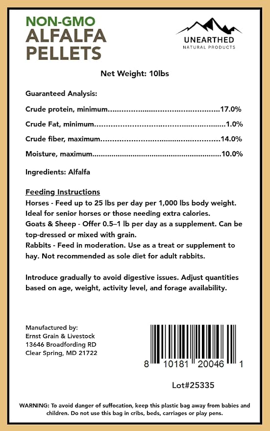 Unearthed Non‑GMO Alfalfa Pellets – 100% Pure Sun‑Cured Alfalfa, No Additives or Fillers | Premium Feed for Rabbits, Horses, Goats, Chickens & More | Natural Garden Soil Booster