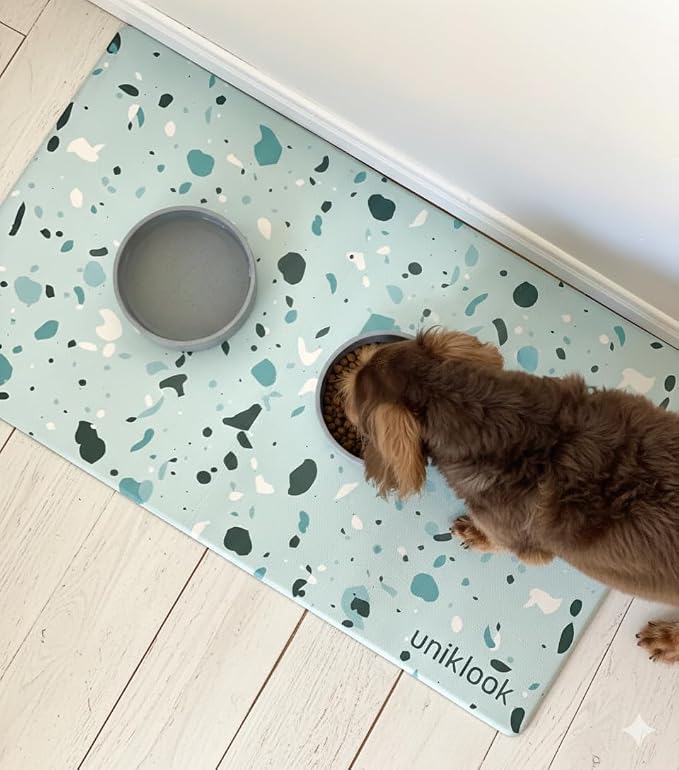 Large Pet Placemat Food & Water, Dog Cat Food Mat for Pet Bowls 28" X 16.5" Waterproof Easy to Clean Dog Mat for Bowl Food Water Terrazzo Blue Uniklook