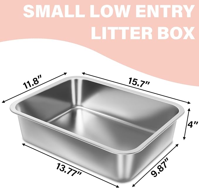 Stainless Steel Litter Box for Kitten, 15.7"×11.8"×4" Small Litter Box for Kittens Easy Entry, Non Odor, Easy to Clean, Metal Litterbox for Cat, Rabbit, Guinea Pigs and Hamsters