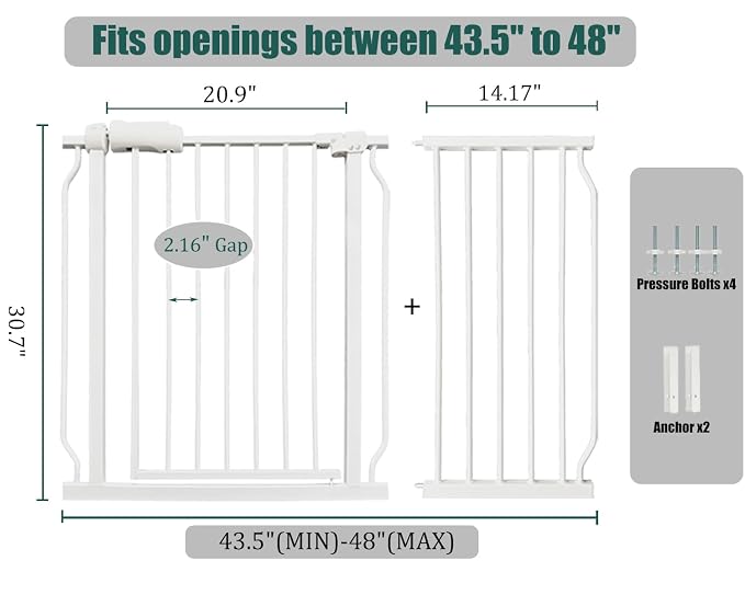 Extra Wide Baby Gate 43.5-48" Walk-Through Dog Gate for Stairs, Doorways & Hallways, 30" Tall, Auto-Close & Dual-Swing Safety Child Gate Indoor, Easy Install Pressure-Mounted Pet Gate, White