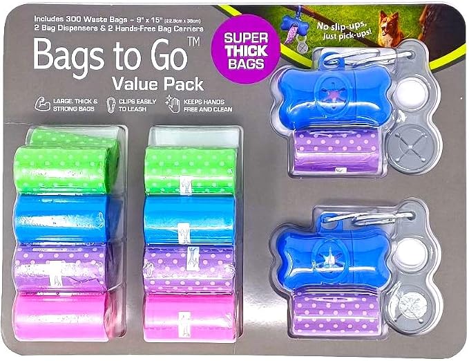 Dog Poop Bags. Value Pack 300 Extra Thick Bags. 9x15 inches. 2 Bag Dispensers & 2 Hands-free Bag Carriers.