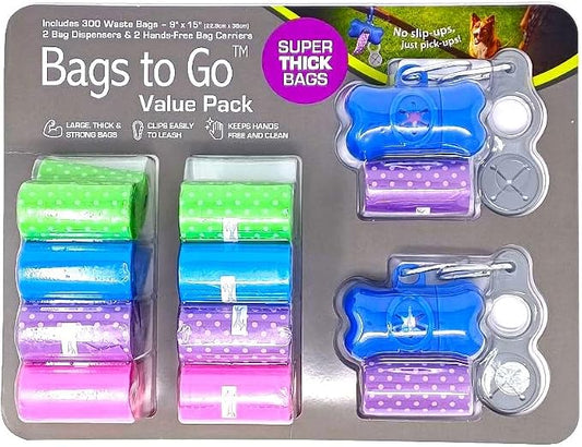 Dog Poop Bags. Value Pack 300 Extra Thick Bags. 9x15 inches. 2 Bag Dispensers & 2 Hands-free Bag Carriers.