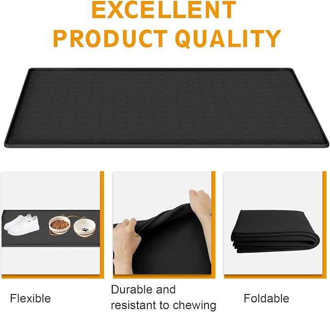 Extra Large Silicone Dog Food Mat 33.9"x21.9" – 0.27" Raised Edge Waterproof Pet Feeding Mat, Non-Slip Placemat for Multiple Bowls, Auto Feeders, Cat Fountains, Dishwasher Safe (Black/Gray)