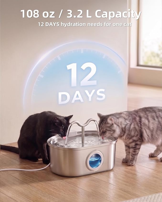 Stainless Steel Cat Water Fountain, 108oz/3.2L Pet Water Fountain for Cats Inside, with Dual Spouts for Multiple Cats, Ultra-Quiet Automatic Dog Water Dispenser, 6 Replacement Filters Included