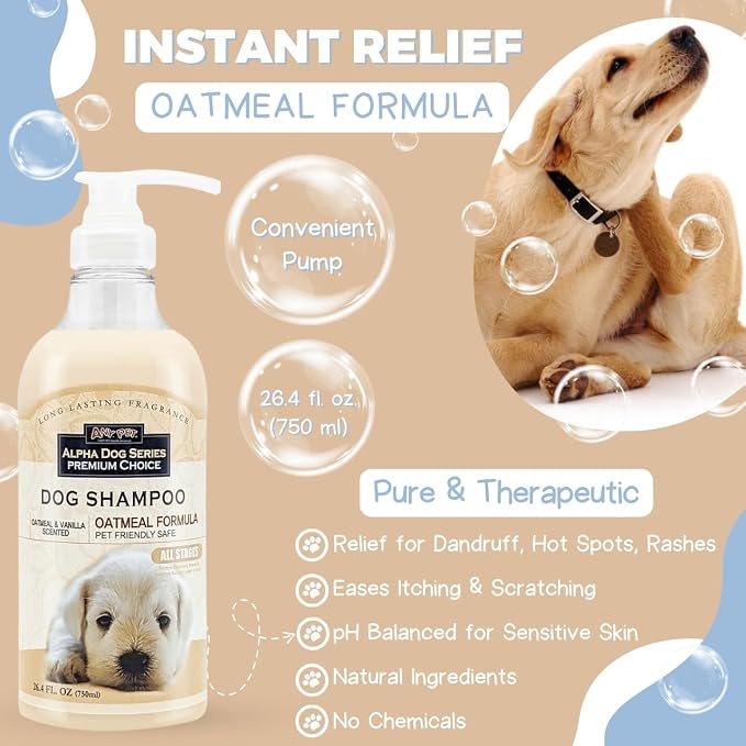 Oatmeal Grooming Natural Dog Shampoo and Conditioner with Aloe Vera, pH balanced Shampoo for Dogs, Tear-Free, Moisturizing Dog Shampoo for Sensitive Skin - 26.4 Oz