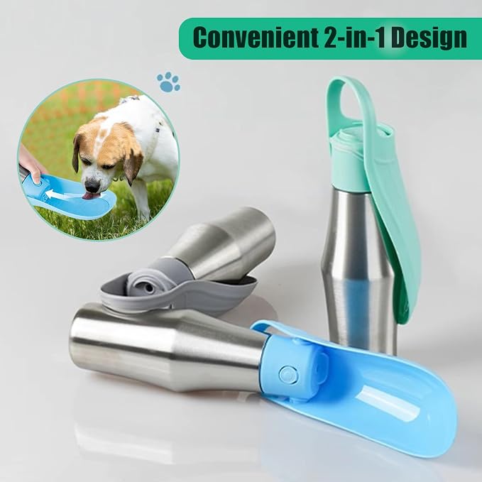 Portable Dog Water Bottle with Dispenser, 750ml Stainless Steel Travel Cup and Collapsible Water Bowl for Outdoor Activities, Walking,Hiking, Road Trips (Light Green)