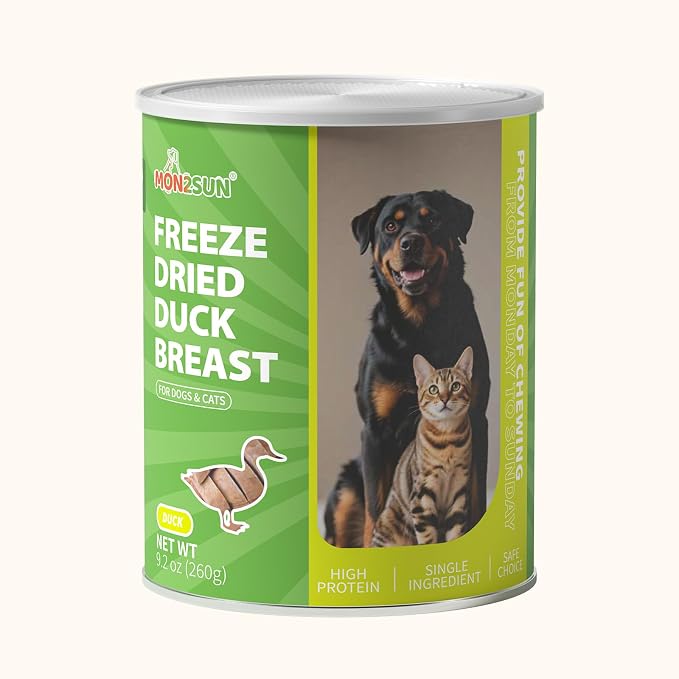 MON2SUN Freeze Dried Duck Breast Treats for Dogs & Cats - Whole Cut Chunks, Single Ingredient, High Protein, Grain Free Food Topper & Training Snacks, 9.2oz