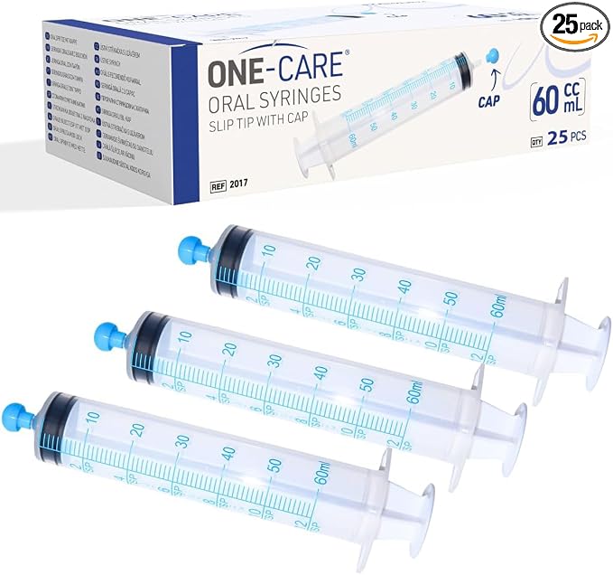 ONE-CARE 60ml Oral Syringe with Cap - Sterile, Individually Wrapped - 25 Syringes/box (25 Pack), Slip Tip, Syringe for Liquid, Versatiie use