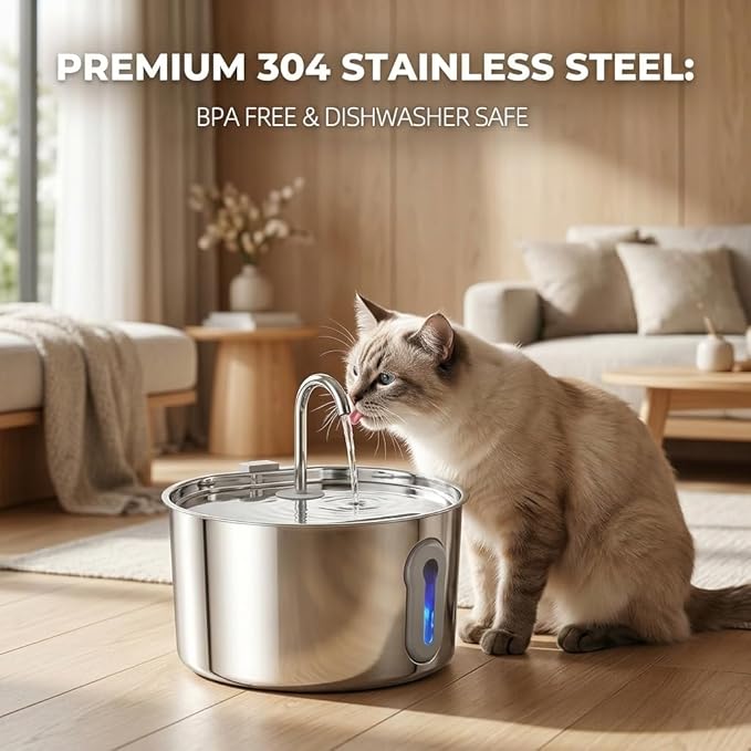 Stainless Steel Cat Water Fountain, 135oz/4L Automatic Pet Fountain Dog Water Dispenser with Ultra-Quiet Pump & 2 Replacement Filters & for Cats Inside, Dogs, Multiple Pets
