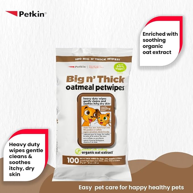 Petkin Pet Wipes for Dogs and Cats, Oatmeal, 100 Wipes (Large) for Dogs and Cats - Soothes Itchy Dry Skin and Cleans Ears, Face, Butt, Body and Eye Area - Idea for Home and Travel