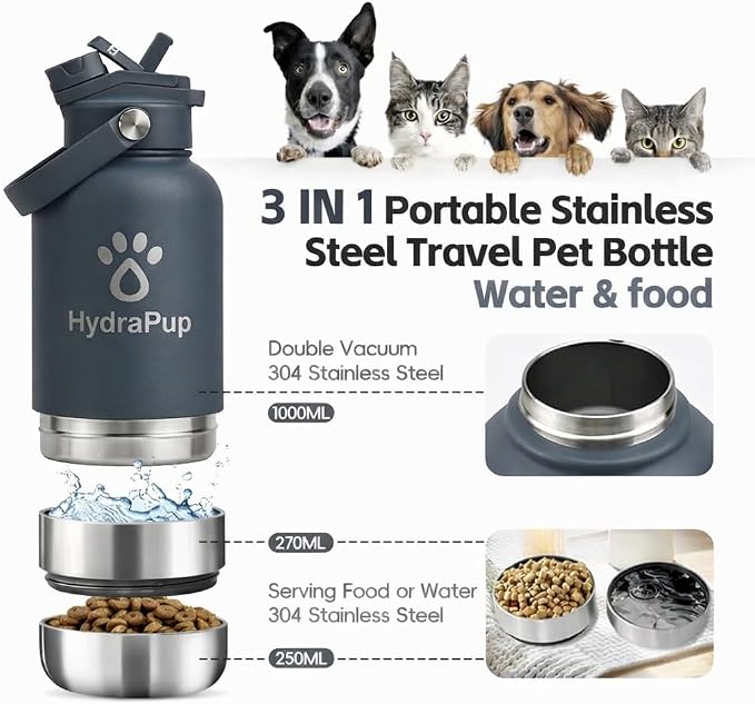 32oz Insulated Water Bottle with Dog Bowls – Human & Pet Shared Use, Stainless Steel Leakproof Travel Bottle(Slate Grey)