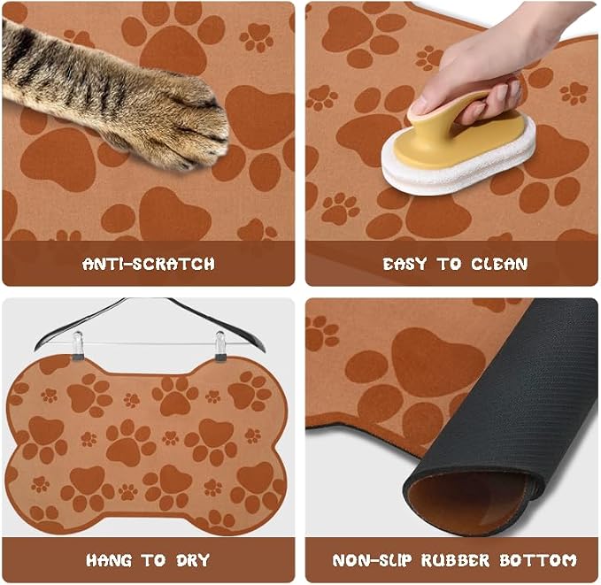Dog Food Mats for Floors Waterproof, Pet Feeding Absorbent Water Bowl Mat Cat Placemats Brown Bone Shape 19 * 12 inch