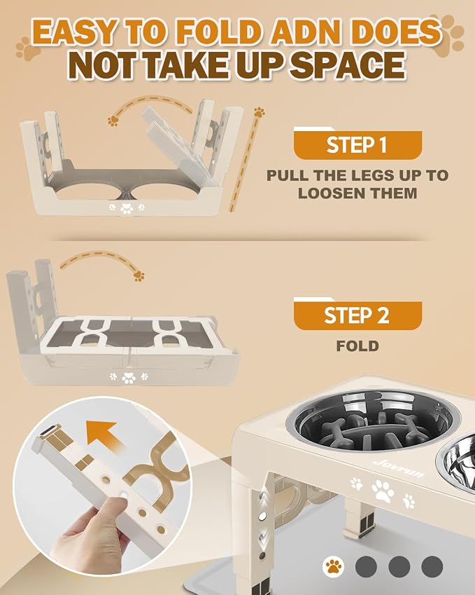 Jovrun Elevated Dog Bowls for Medium Large Dogs with Mat, Non-Slip Dog Feeder with 1*Stainless Steel Dishes & 1*Slow Feeder Bowl, 5 Heights Adjustable Raised Bowls for 3.15″-8.66″-9.84″-11.02″-12.2″