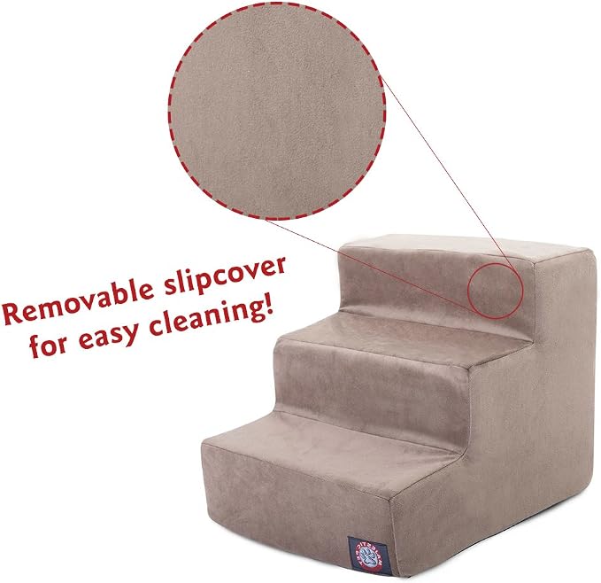 Majestic Pet 3 Step Suede Portable Dog Stairs for Small Dogs to get on Bed Supports 25 lbs or Less – Dog Steps for High Bed with Machine Washable Cover – Pet Stairs for Cats Stone