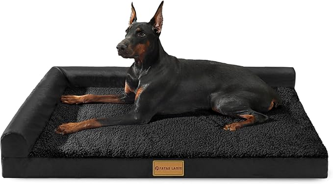 Patas Lague Orthopedic XL Dog Bed Large Sized Dog 42''X28'', Waterproof L Bolster Big Large Pet Sofa Beds with Removable Washable Cover, Soft Pet Couch Crate Mat with Nonskid Bottom, Black