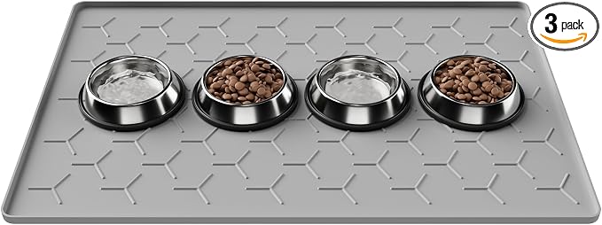 Pieviev 34''x22'' Dog Cat Food Bowl Mat, Silicone Waterproof Food Grade Pet Food Mat for Floor, High Raised Edge to Prevent Spills, Non-Slip & Easy Clean Pet Placemat for Dog & Cat Bowls, Light Gray