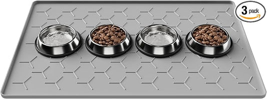Pieviev 34''x22'' Dog Cat Food Bowl Mat, Silicone Waterproof Food Grade Pet Food Mat for Floor, High Raised Edge to Prevent Spills, Non-Slip & Easy Clean Pet Placemat for Dog & Cat Bowls, Light Gray