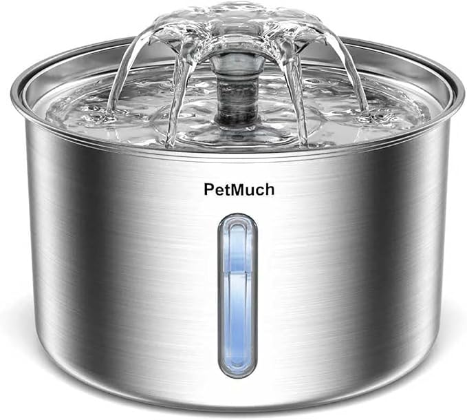 Stainless Steel Cat Fountain, 102 oz/3L Automatic Pet Fountain for Cats and Small Dogs, Ultra-Quiet Pump with White LED Light, Water Level Window