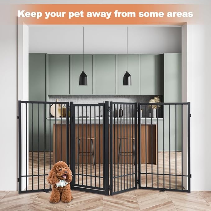 SMONTER Freestanding Dog Gate with Door Walk Through, 80.5'' Extra Wide Indoor Dog Fence, 31.5'' Height 4 Panels Foldable Metal Pet Puppy Gate for Stairs, Hallways, Doorway
