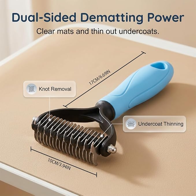 2-in-1 Dematting Comb for Dogs Cats, Double-Sided Undercoat Rake Deshedding Brush, Pet Pro Grooming Tool Removes Tangles Knots Fur, Gentle Grooming Brush for Long Haired Pets (2PCS, Blue)