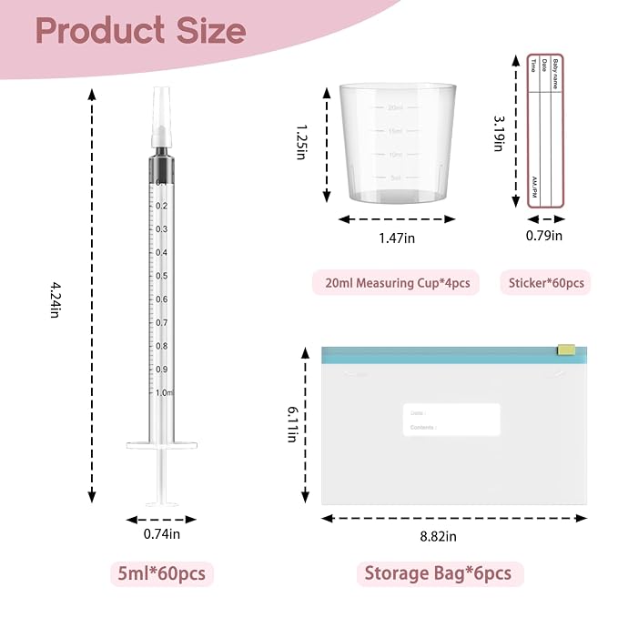 60 Sets 1Ml Colostrum Collector Kit Include 60 1ml No Needle Sterile Syringes with Cap, 4 Measuring Cup, 6 Zip-lock Storage Bags, 60 Labels for Breast Milk Collector