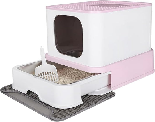 RIZZARI Stainless Steel Cat Box: Large Size for Cats Up to 45 lbs - Pink Covered Odor Control Enclosure with Easy Cleaning - Teflon Non-Stick Coating - Anti-Splash for Multi-Cat Homes & Apartments
