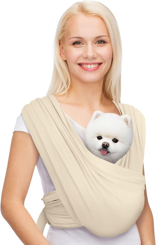 AnccoPlus Hands Free Dog Sling for Small Dogs, Dog Carrier, Beige, Plus | Reduces Back Pain, Front Facing Sling, Hands Free, Size Adjustable, Premium Cotton, Patented Product